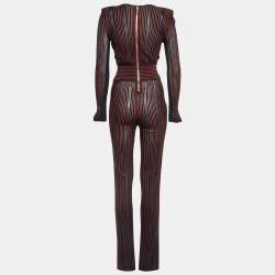 Balmain Black/Red Striped Stretch Sheer Jumpsuit S