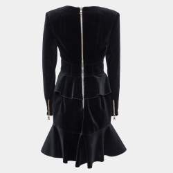Balmain Black Velvet Ruffle Tiered Knee Length Dress M