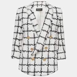 Balmain White/Black Checked Tweed Double Breasted Blazer S
