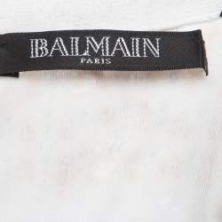 Pre Owned Balmain White/Blue Metallic Bouclé-Tweed Button-Embellished Mini Dress M