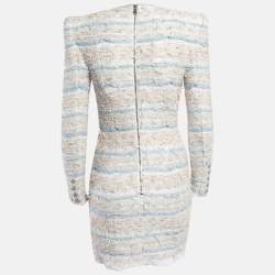 Pre Owned Balmain White/Blue Metallic Bouclé-Tweed Button-Embellished Mini Dress M
