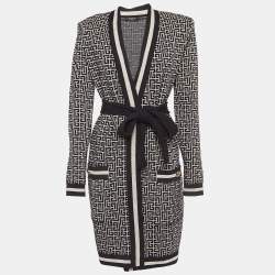 Pre Owned Balmain Black Monogram Jacquard Knit Belted Cardigan S