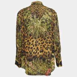 Pre Owned Balmain Green Leopard Print Silk Semi Sheer Shirt M