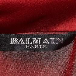 Balmain Red Silk Satin Button Embellished Cuffed sleeve Draped Blouse S