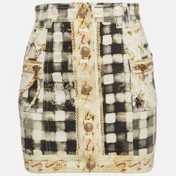 Pre Owned Balmain Grey Checked Cotton Buttoned Detail Mini Skirt S