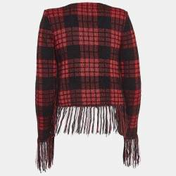 Pre Owned Balmain Red/Black Tartan Wool Fringed Open Front Blazer S  