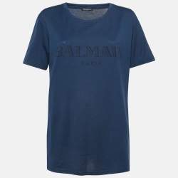 Pre Owned Balmain Navy Blue Logo Print Cotton Half Sleeve T-Shirt L