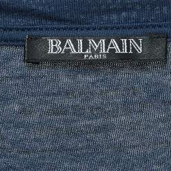 Pre Owned Balmain Navy Blue Logo Print Cotton Half Sleeve T-Shirt L