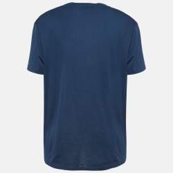 Pre Owned Balmain Navy Blue Logo Print Cotton Half Sleeve T-Shirt L