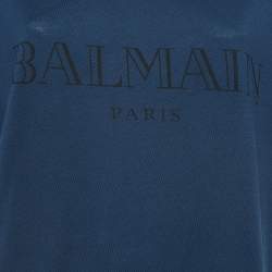 Pre Owned Balmain Navy Blue Logo Print Cotton Half Sleeve T-Shirt L