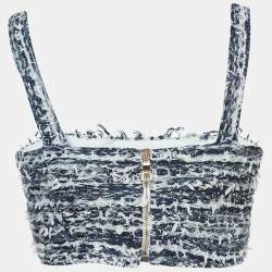 Pre Owned Balmain Blue Tweed Button Detailed Crop Top M