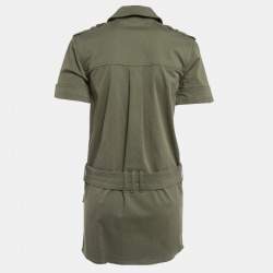 Pre Owned Balmain Military Green Gabardine Belted Shirt Dress S