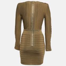 Pre Owned Balmain Olive Green Stretch Knit Lace-Up Mini Bodycon Dress S