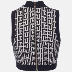 Pre Owned Balmain Black Monogram Wool Knit Crop Top S