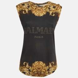 Balmain Black/Yellow Printed Jersey Sleeveless T-Shirt M