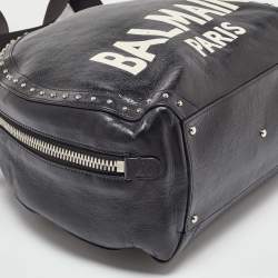 Balmain Black Leather Studded Logo Drum Top Handle Bag