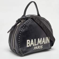 Balmain Black Leather Studded Logo Drum Top Handle Bag