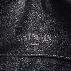 Balmain Black Leather Studded Logo Drum Top Handle Bag