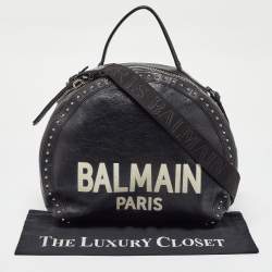 Balmain Black Leather Studded Logo Drum Top Handle Bag