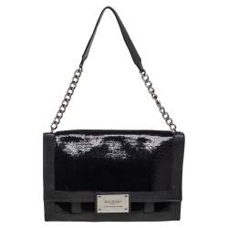 Balmain Black Leather and Sequin Flap Shoulder Bag
