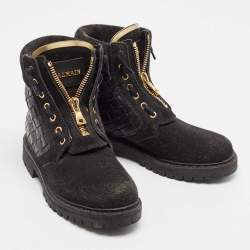 Balmain Black Leather and Suede Taiga Combat Boots Size 37