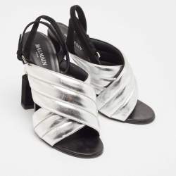 Pre Owned Balmain Silver Leather Cross Strap Slingback Mules Size 40