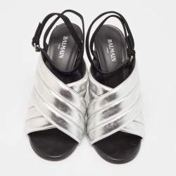 Pre Owned Balmain Silver Leather Cross Strap Slingback Mules Size 40