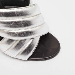 Pre Owned Balmain Silver Leather Cross Strap Slingback Mules Size 40