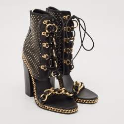 Balmain Black Leather Chain Lace Up Ankle Sandals Size 39