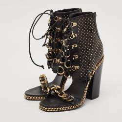 Balmain Black Leather Chain Lace Up Ankle Sandals Size 39