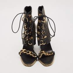 Balmain Black Leather Chain Lace Up Ankle Sandals Size 39