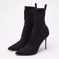 Balmain Black Knit Fabric Crystal Embellished Skye Ankle Length Boots Size 40