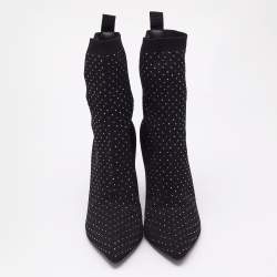 Balmain Black Knit Fabric Crystal Embellished Skye Ankle Length Boots Size 40