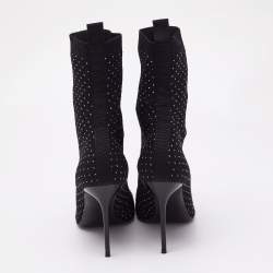 Balmain Black Knit Fabric Crystal Embellished Skye Ankle Length Boots Size 40