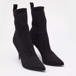 Balmain Black Knit Fabric Crystal Embellished Skye Ankle Length Boots Size 40