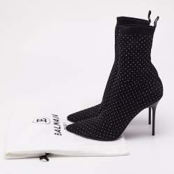 Balmain Black Knit Fabric Crystal Embellished Skye Ankle Length Boots Size 40