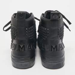Balmain Black Leather Studded High Top Sneakers Size 40