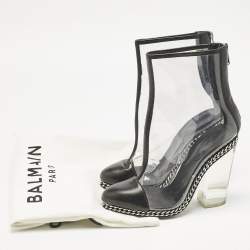 Pre Owned Balmain Black/Transparent Leather And PVC Cap Toe Ankle Length Boots Size 39