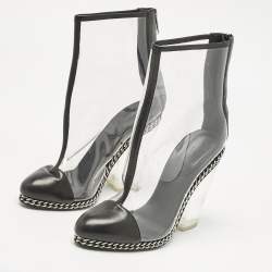 Pre Owned Balmain Black/Transparent Leather And PVC Cap Toe Ankle Length Boots Size 39