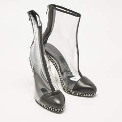 Pre Owned Balmain Black/Transparent Leather And PVC Cap Toe Ankle Length Boots Size 39