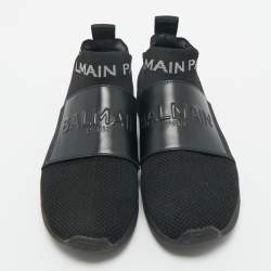 Pre Owned Balmain Black Knit Fabric and Leather Cameron Sock High Top Sneakers Size 37
