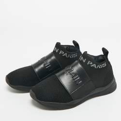 Pre Owned Balmain Black Knit Fabric and Leather Cameron Sock High Top Sneakers Size 37
