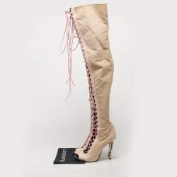 مملوكة مسبقًا حذاء بوت فوق الركبة بالمان جلد وزبد بني/وردي مقاس 39.5