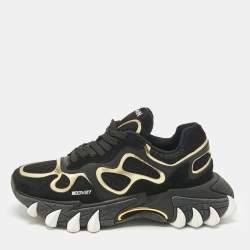 Pre Owned Balmain Black/Gold Leather and Suede B-East Lace Up Sneakers Size 37