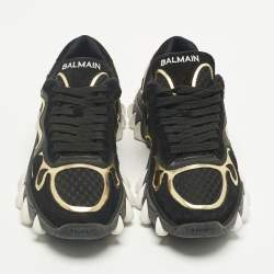 Pre Owned Balmain Black/Gold Leather and Suede B-East Lace Up Sneakers Size 37