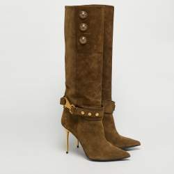 Pre Owned Balmain Green Suede Robin Embellish Knee Length Boots Size 39