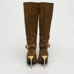 Pre Owned Balmain Green Suede Robin Embellish Knee Length Boots Size 39