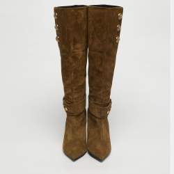 Pre Owned Balmain Green Suede Robin Embellish Knee Length Boots Size 39