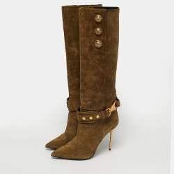Pre Owned Balmain Green Suede Robin Embellish Knee Length Boots Size 39