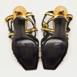 مملوكة مسبقًا Balmain Urania Size 40 Gold/Black Crinkle Leather Caged Ankle Strap Sandals